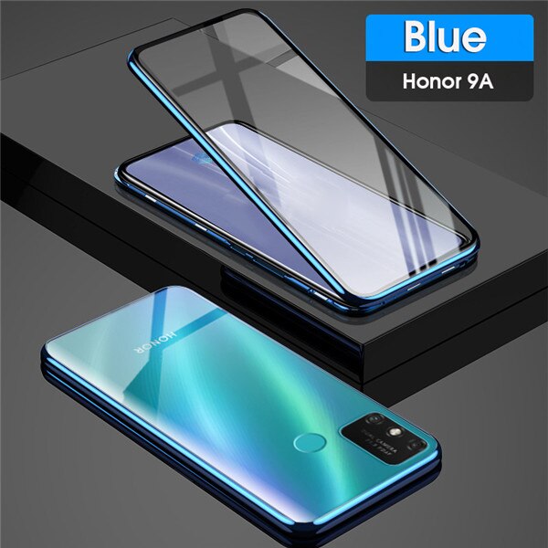 Magnetic Metal Case For Huawei Honor 9A Case Double Side Tempered Glass Cover Honor Play 9A 9 A Phone Case 360° Full Protection: Honor 9A / blue