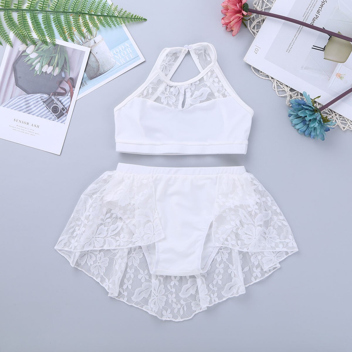 ChicTry Kids Teens Halter Lace Splice Contemporary Lyrical Dance Costumes Gymnastics Top Shorts Set Girls Ballet Tutu Dance Wear: White / XXL(12-14 Years)