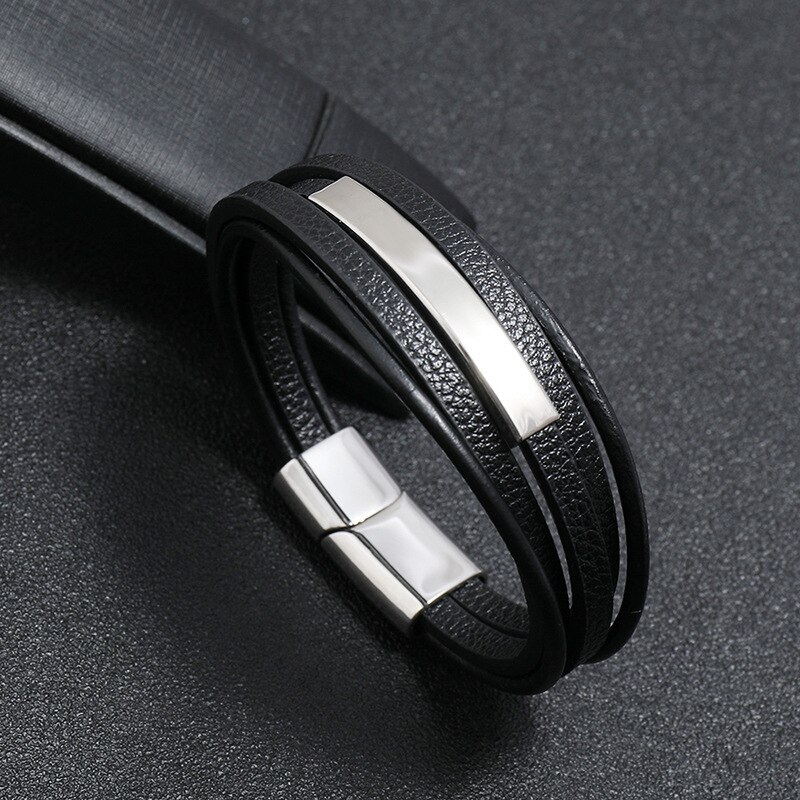 Stijl Multilayer Man Armband Leer Gevlochten Touw Rvs Magnetische Sluiting Hand Armbanden Mode Mannen Sieraden: steel black / 22Cm