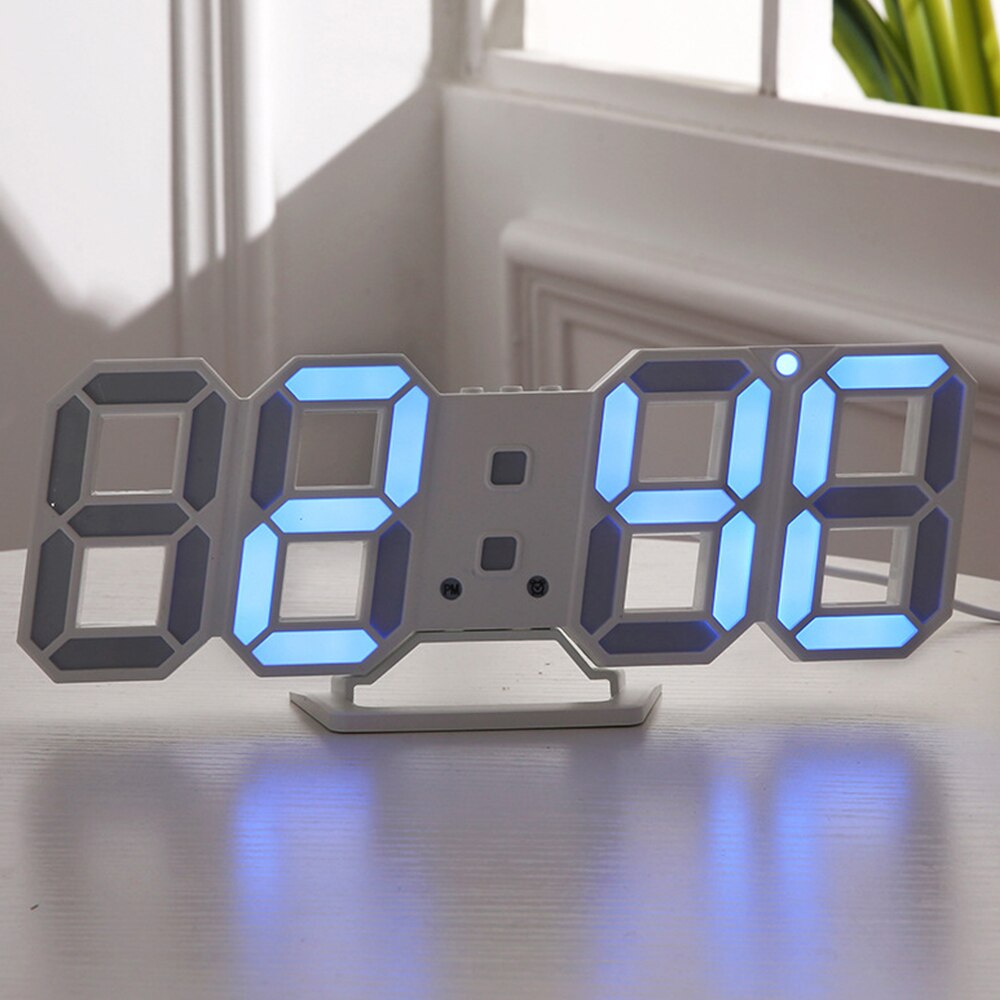 Digitale 3D Led Wekker Elektronische Bureau Tafel Klokken Met Grote Temperatuur Voor Thuis Woonkamer Decor Muur Opknoping Klok: WhiteBlue