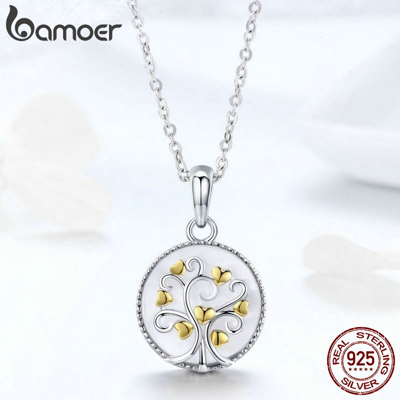 BAMOER Real 925 Sterling Silver Tree of Life Pendant Necklaces Women Gold Heart Tree Necklace Sterling Silver Jewelry SCN296