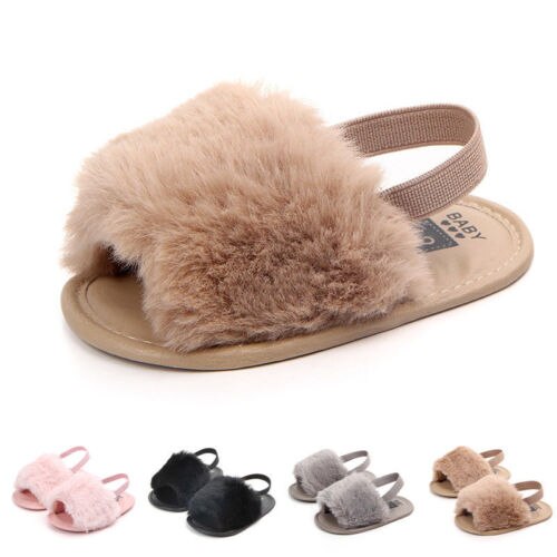 UK Leuke Peuter Baby Meisje Prinses Pluizige Bont Sandalen Slippers Crib Schoenen 0-18 M