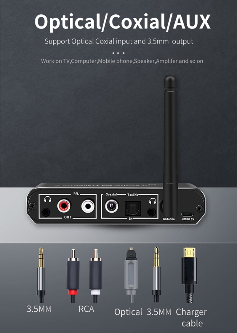Wireless Audio Adapter Digital Receiver to Analog Audio Converter Bluetooth Transmitter 3.5mm RCA Optical Jack Adapter