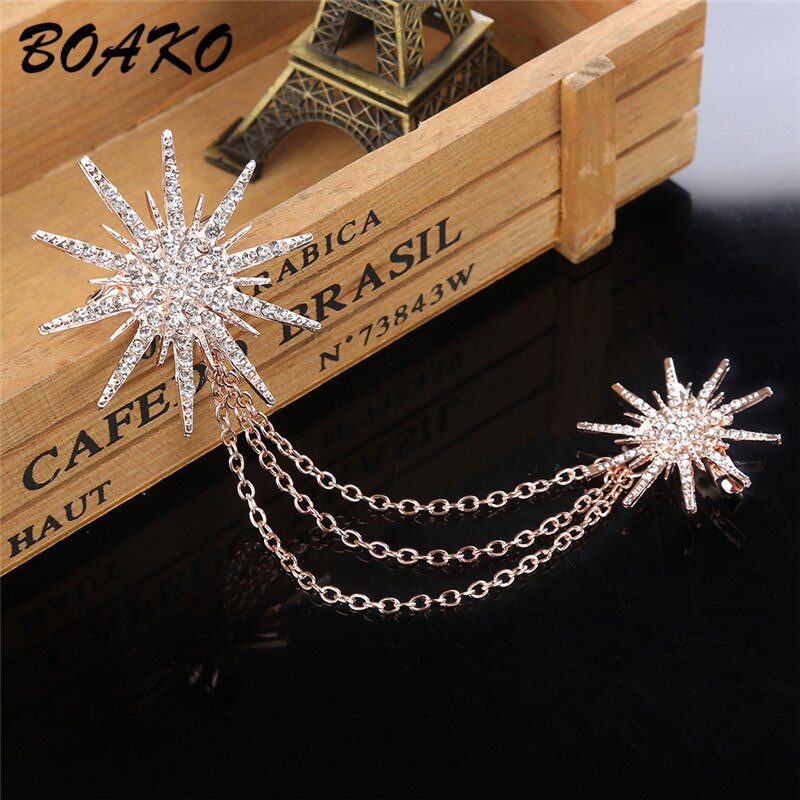 BOAKO Shining Crystal Snowflake Double Chain Tassels Brooch Women's Alloy Rhinestones Scarf Buckle Collar Pins Brooch Clip Badge