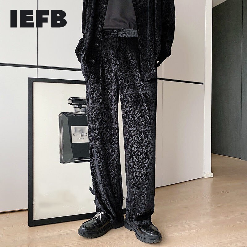 IEFB-Pantalones informales con relieve de terciopelo negro vintage para hombre, traje de tendencia con personalidad, pantalones holgados de pierna ancha con bolsillos, 9Y4680