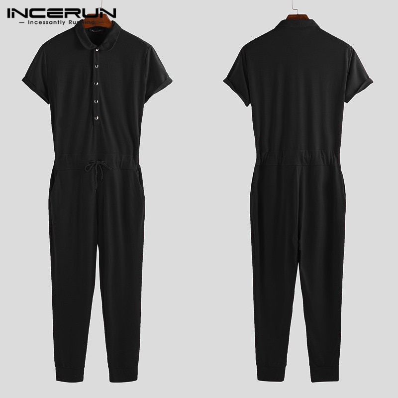 Incerun menn jumpsuit lapel neck rompers solid shortsleeve fitness hiphop bodybuilding menn overalls bukser streetwear s -5xl
