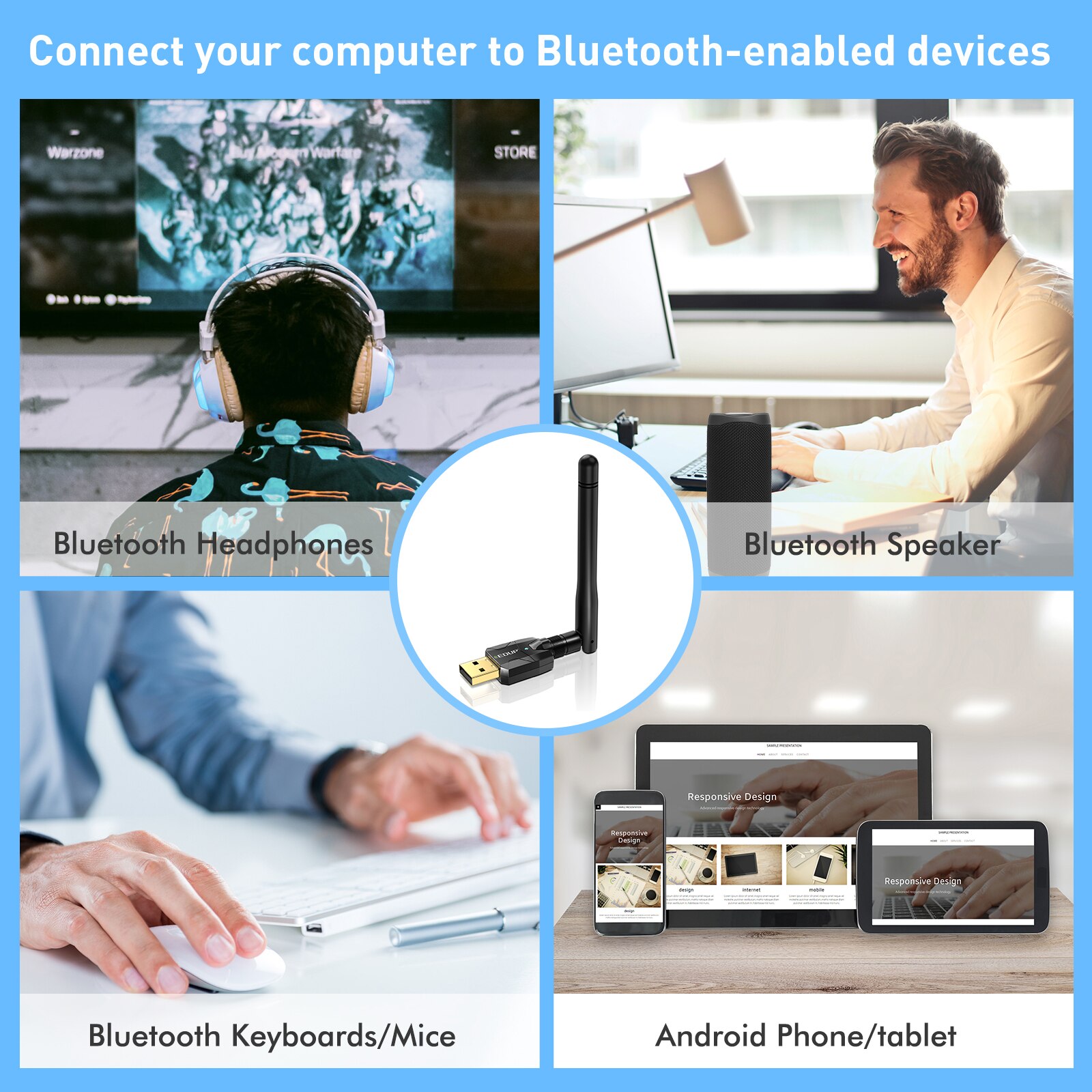 EDUP B3536 Adattatore USB Bluetooth 5.1 Ricevitore EDR Dongle wireless a lungo raggio da 100 M per PC Desktop Win 10/11 Trasferimento rapido dei dati
