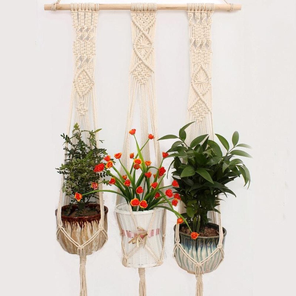 Macrame hængende plante kurv væg plante bøjle hængende plante potteholdere håndstrik hængende planter træpind kurv væg kunst: 1