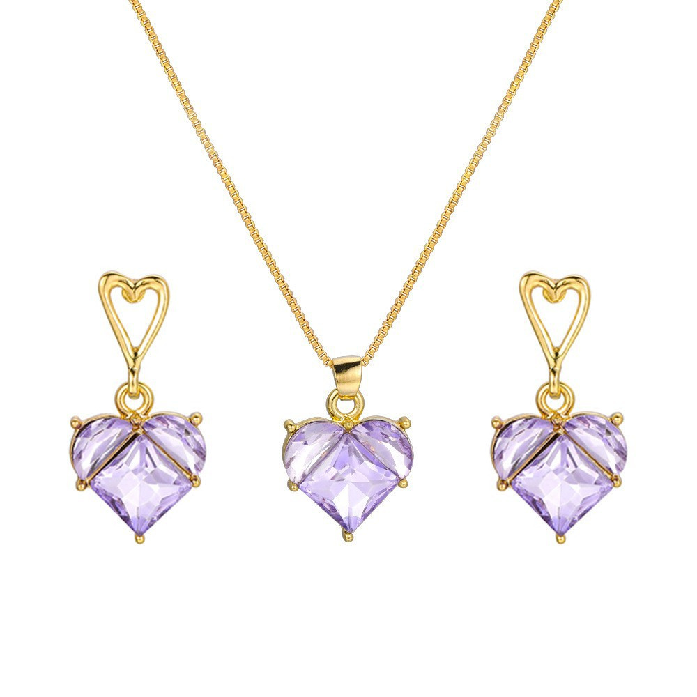 Conjunto de collar y pendientes de cristal rosa con circonita de corazón para mujer, collar colgante de lujo, pendientes, conjuntos de joyería de boda, , 3 uds.: Bañado en rodio de imitación