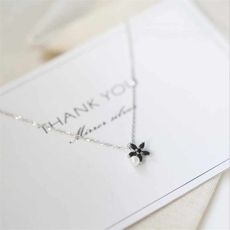 Personality Black Cute Little Daisy 925 Sterling Silver Jewelry Flower Pearl Clavicle Chain Pendant Necklaces H564