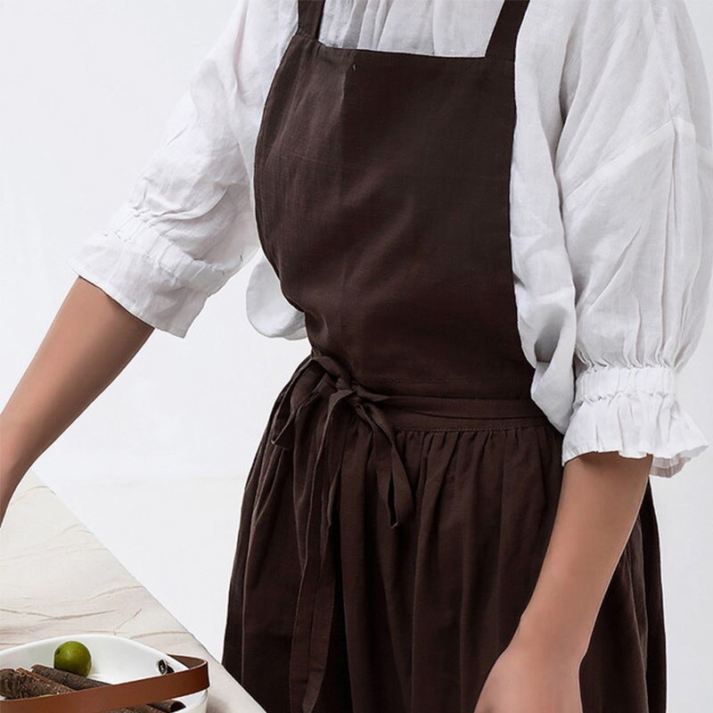Japanese Apron Pinafore Dress Korean Work Gown Apricot with Long Waist Tie for Women Kitchen Cooking Baking Robe TJ3648