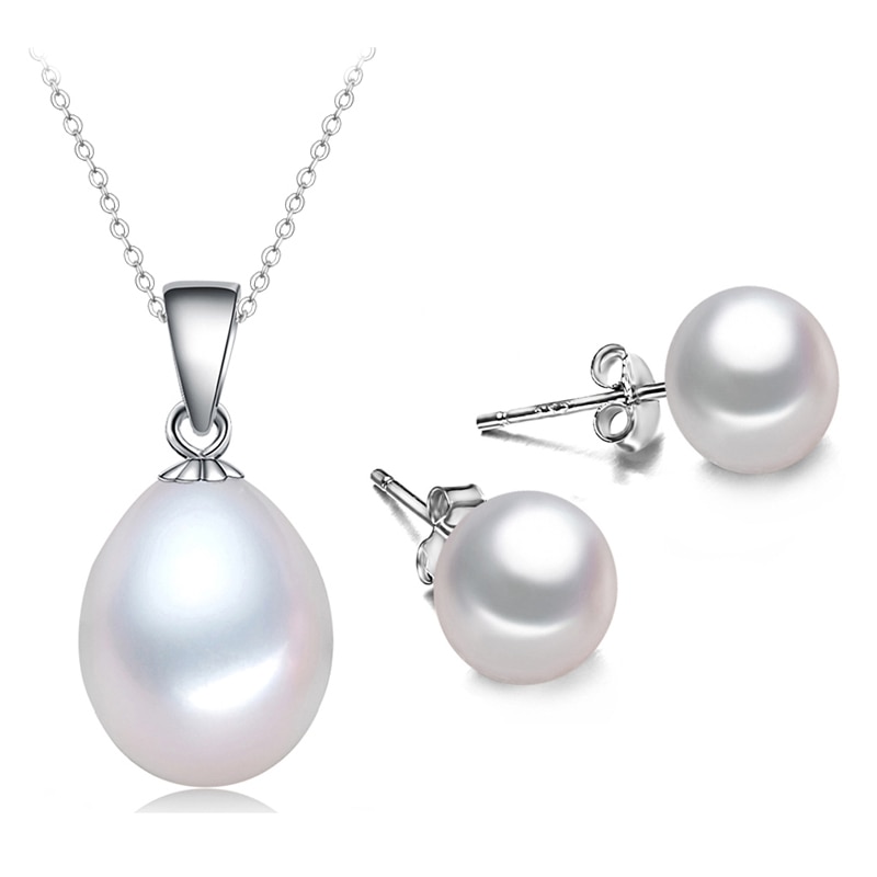 Conjunto de joyas de perlas naturales para boda, collar de perlas de agua dulce, pendientes de tuerca, joyería de plata de ley 925 para mujer: white pearl set