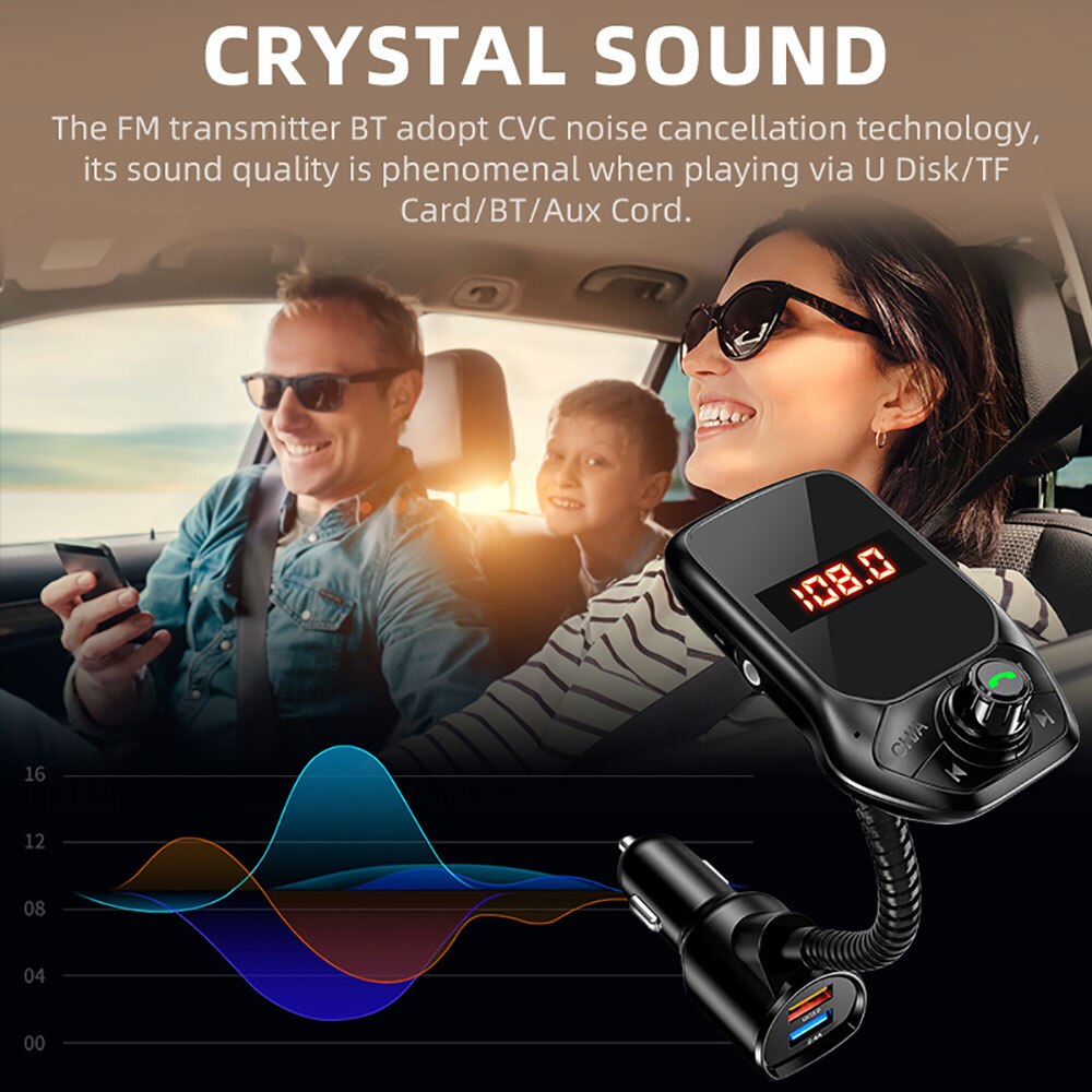 Bluetooth Car FM Transmitter MP3 Player Hands-free Calling Wireless Radio Adapter Kit with 3 USB Ports USB Charger TF Card Aux