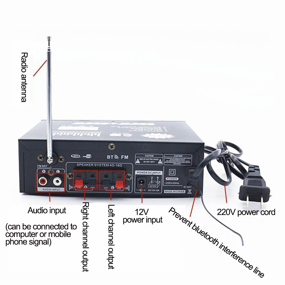 12V/220V BT-298A 2CH LCD Display 300W+300W EU Plug HIFI Audio Stereo Power Amplifier Bluetooth-compatible FM Radio with Remote