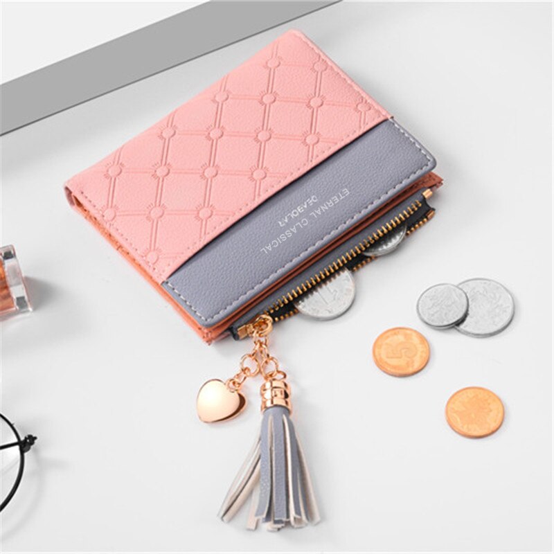 DEABOLAR Brand Sweet Women's Tassel Mini Zipper Wallet Pink Hasp Slim Card Holder Purse for Women