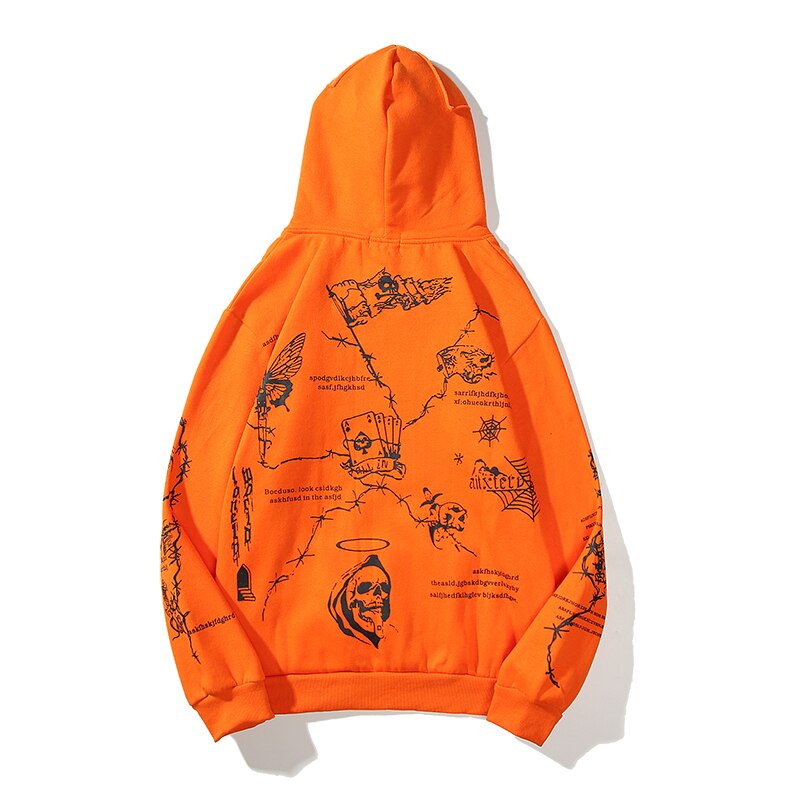 Orange broderi pullover hættetrøjer hip hop graffiti kranium print hættetrøje og sweatshirt mænd streetwear fleece hættetrøje urban tøj