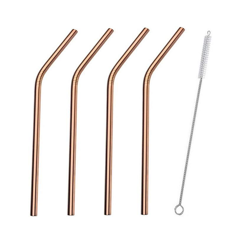 4/8Pcs Edelstahl Strohhalme Metall Wiederverwendbare Trinken Stroh Gold Gerade Gebogen Stroh Mit Reinigung Pinsel und Tasche: Rose Gold(4Pcs Bent)