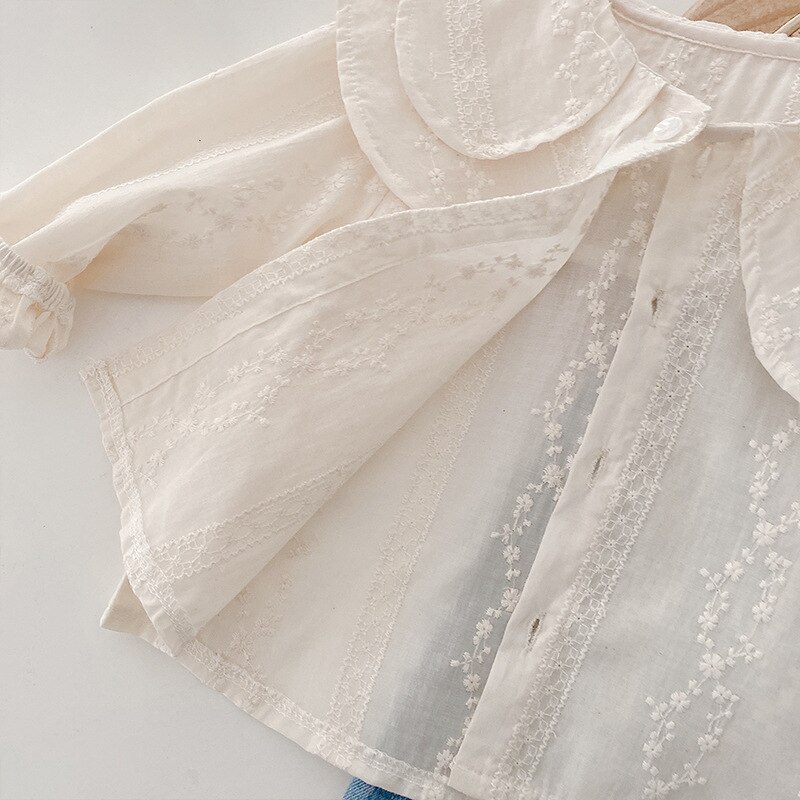 Chemise en coton à manches longues pour fille, chemisier blanc brodé à gros revers, Blouse à volants, chemisier ajouré à fleurs pour enfants