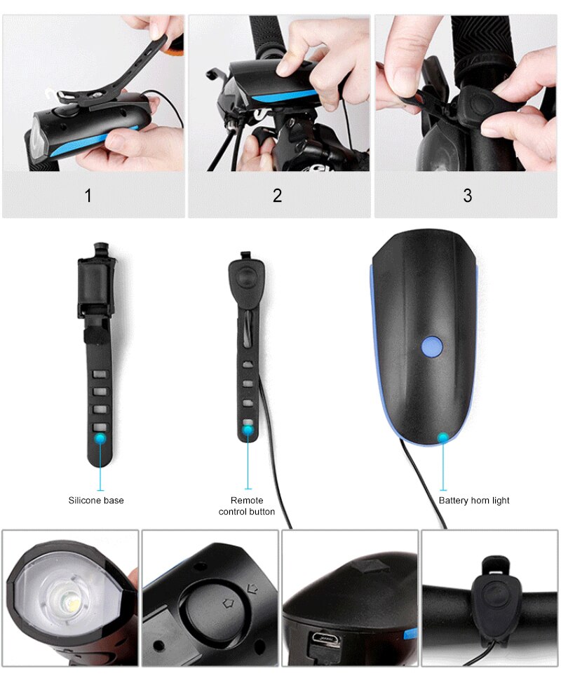 Vélo USB charge lampe de poche vélo klaxon lumière phare trois Flash modèles 1200 MAh vélo corne IP44 lumière LED waterproof