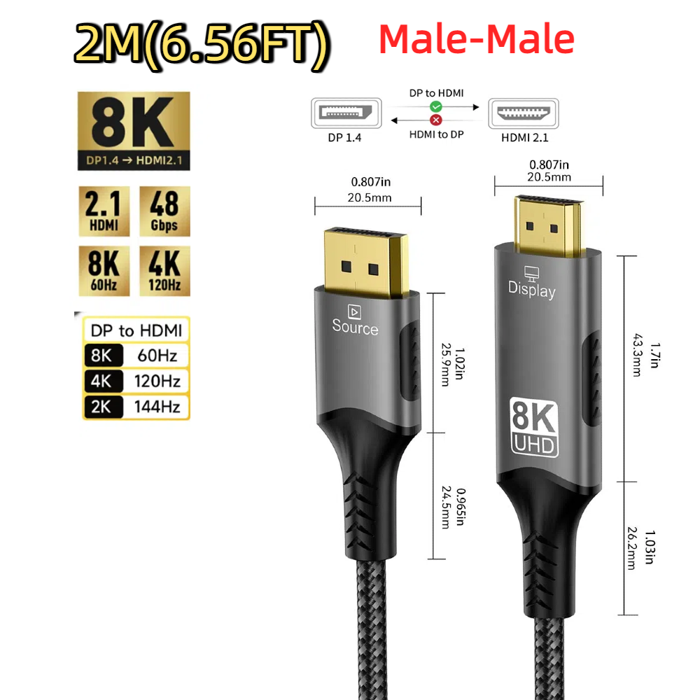 8K@60Hz DP1.4 to HDMI 2.1 Converter 4K@120Hz Ultra Speed 48Gbps Compatible Cable For Desktop Laptop PC TV Monitor Projector: Blue