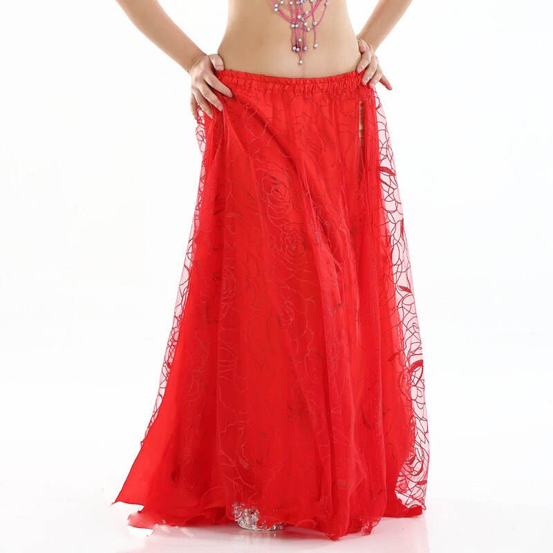 Nueva ropa de danza del vientre de las mujeres de 9 colores círculo completo Maxi falda Falda larga de pierna dividida 2 capas faldas de danza del vientre rosa: red