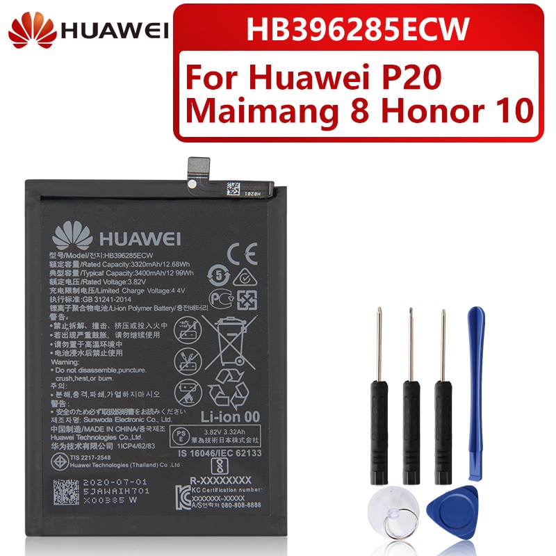 Batterie de remplacement d'origine pour Huawei P20 EML-AL00 Honor 10 Maimang 8 HB396285ECW batterie de téléphone d'origine 3400mAh