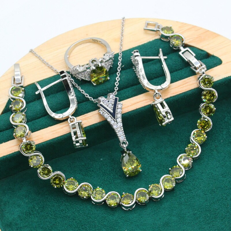 Peridoto verde 925-conjunto de joyas de plata para mujer, pulsera de boda, pendientes de aro, anillo, collar, colgante, de Navidad: 01 / 6