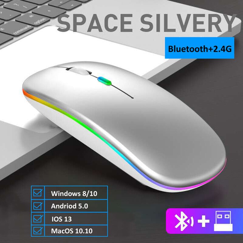Mouse Wireless USB ricaricabile Mouse RGB compatibile con Bluetooth Mouse ergonomico silenzioso con retroilluminazione per PC portatile ipad: Dual mode-Sliver