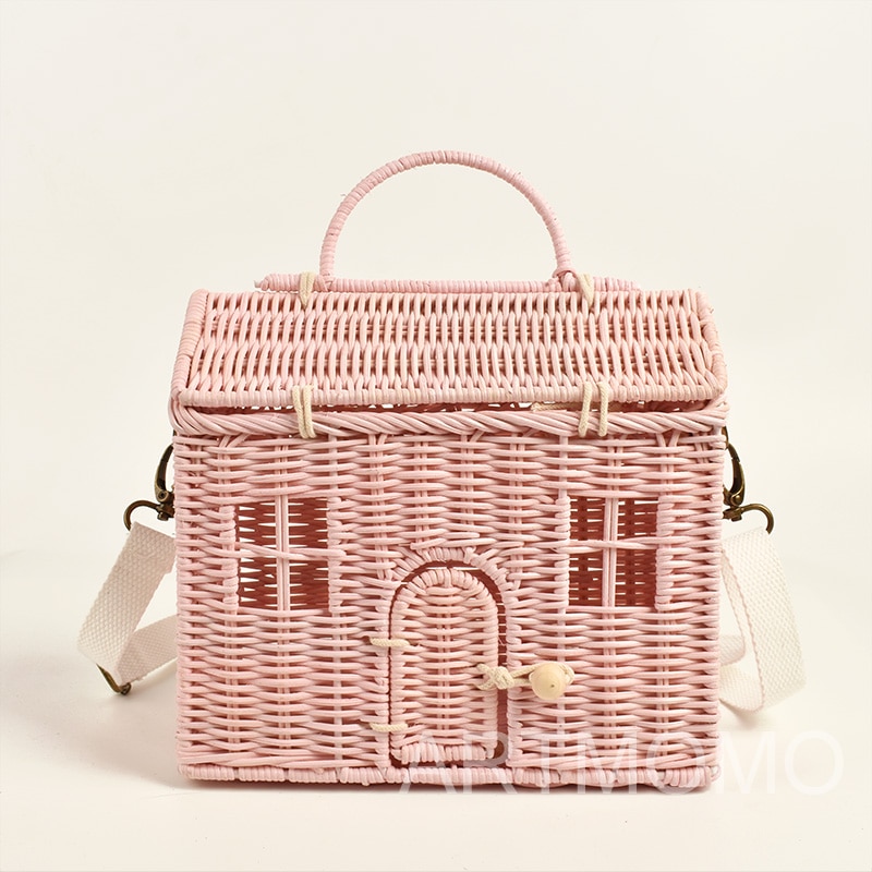 Creatieve Huis Vorm Rotan Vrouwen Handtassen Rieten Geweven Schouder Crossbody Tassen Grappige Zomer Strand Strozak Handgemaakte Reistas
