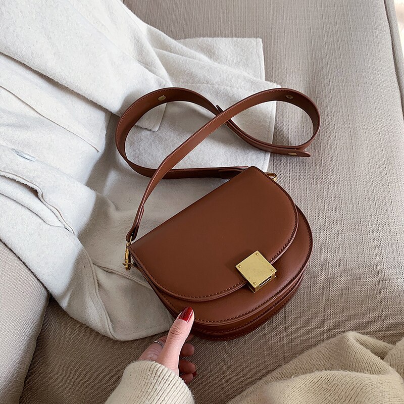 Sac à main de selle en cuir couleur Pure pour femmes, sac à main Vintage de bonne , sacoche à bandoulière à verrouillage de styliste, hiver