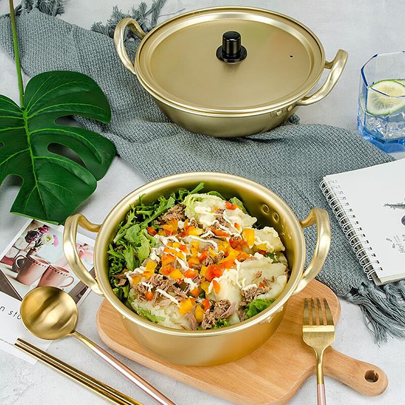 Olla dorada para Fideos, tallarines coreanos para Ramen, olla de sopa de aluminio con tapa, fideos, leche, huevo, sopa, herramientas de cocina, olla rápida✈✈✈✈✈