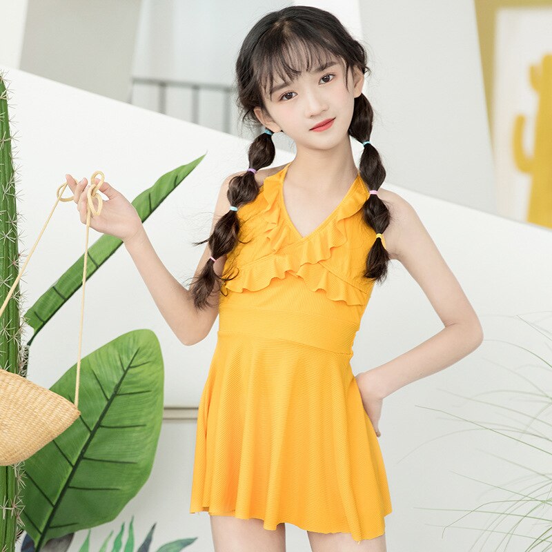 9-14 Years Girl One Piece Swimsuit Children Swimwear Girls Solid Swim Suits Kids Bathing Suit Beach Dress For Girls Summer: Yellow / XXL (12-14years)