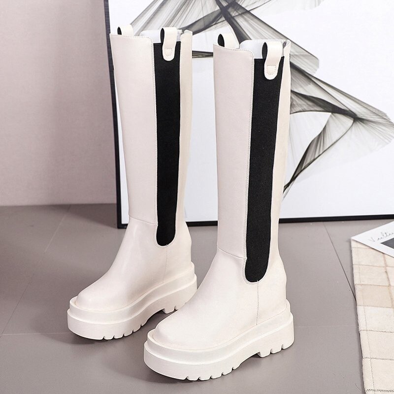 Platform kvinder lange støvler læder afslappet lynlås støvler chunky hæl knæhøje botas mujer dame chaussure femme