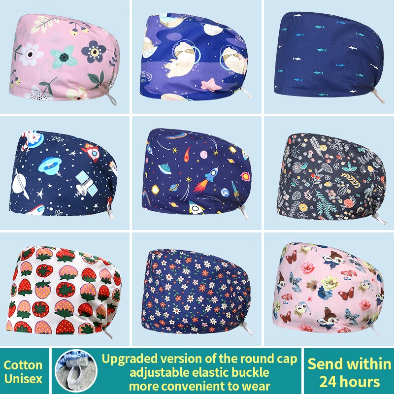 Scrubmuts voor huisdieren, verstelbare elastische gesp, werkmutsen voor voedingsdeskundigen, zweetabsorberend, cartoonprint, veelkleurige scrubmuts