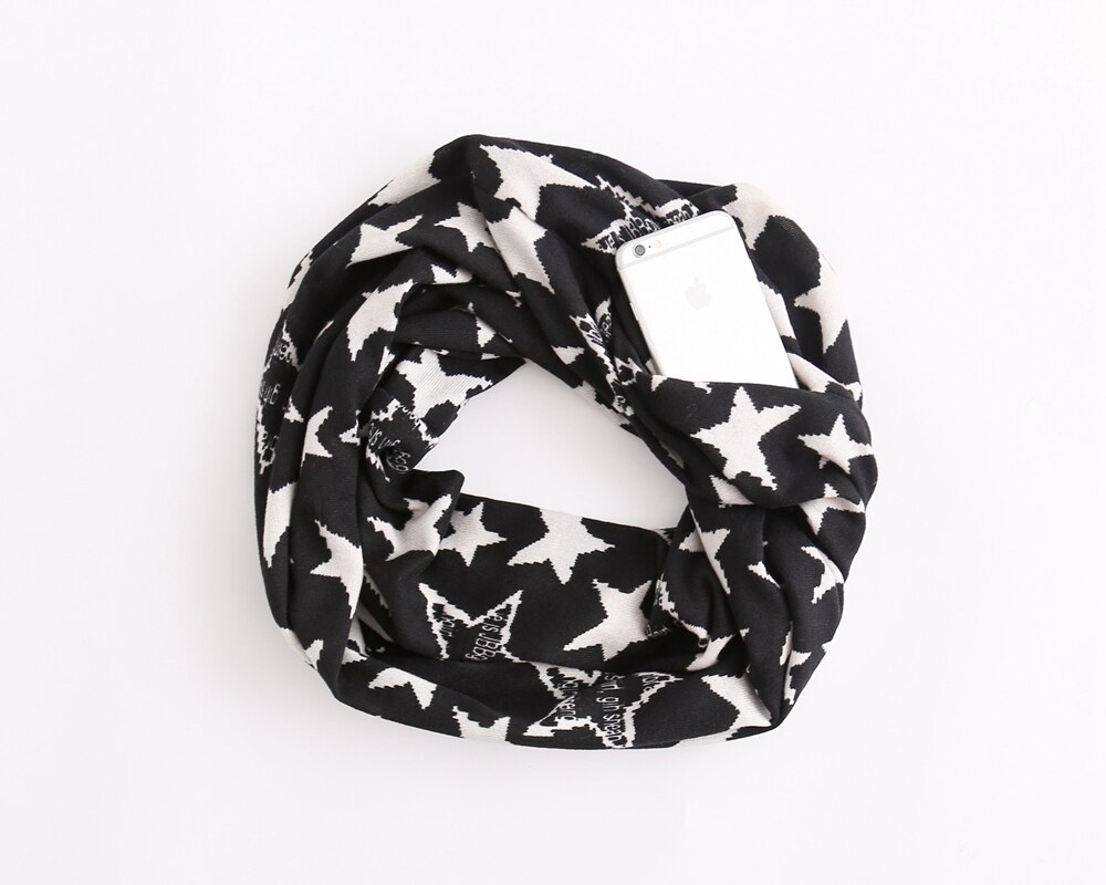 HanXi Secret Pocket Scarf with Zipper for Women Travels Leopard Crircles Scarves Soft Unisex Ring Scarf: star black