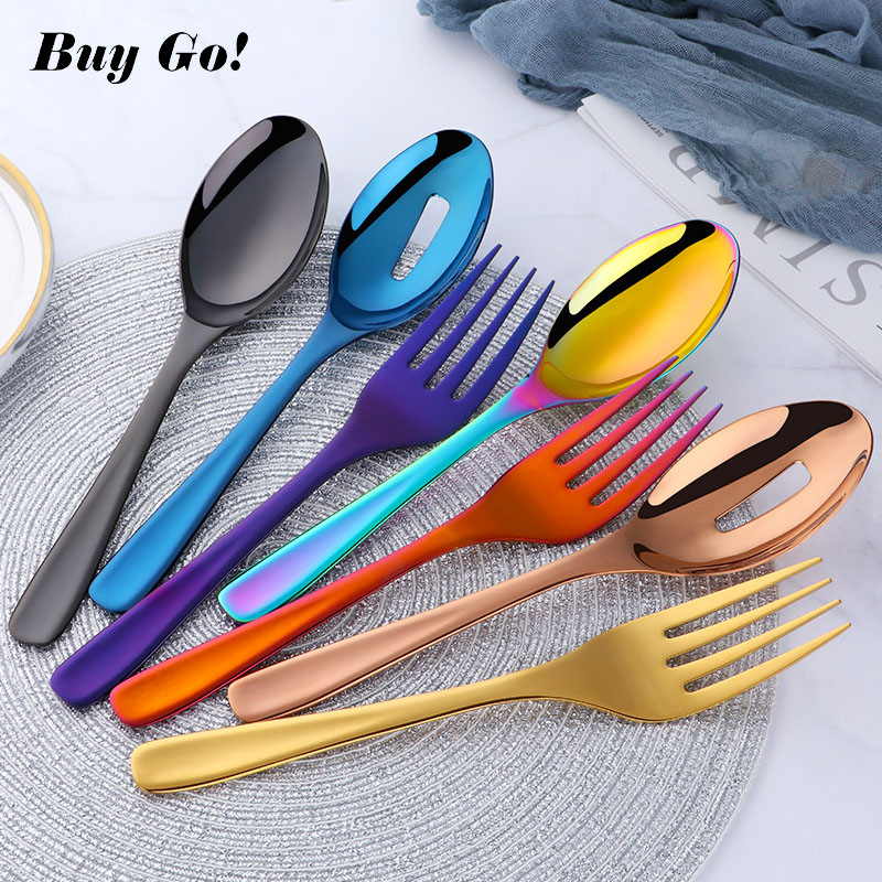 3Pcs/set 18/8 Stainless Steel Gold Flatware Big Size Long Handle Serving Salad Spoon/Fork/Colander Salad Set Kitchen Utensils