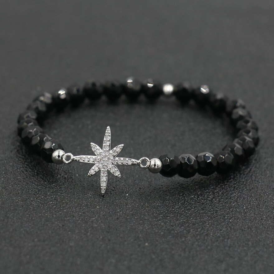 Lucky Zilver Kleur Rhinestone Star Armband Voor Vrouwen Roze Quartz Kralen Armbanden Steen Mannen Sieraden Lovers Femme: Star Black / 20cm