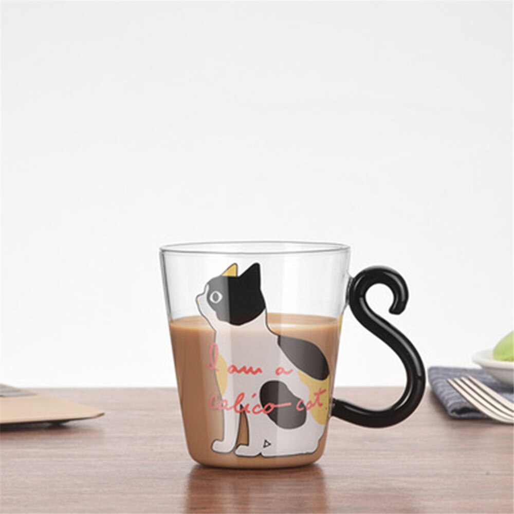 Kaffe glas mugg brev tryckt mjölk te kaffekopp cocktail glas kopp genomskinliga muggar handgjorda drinkware par: Kattvit 220ml