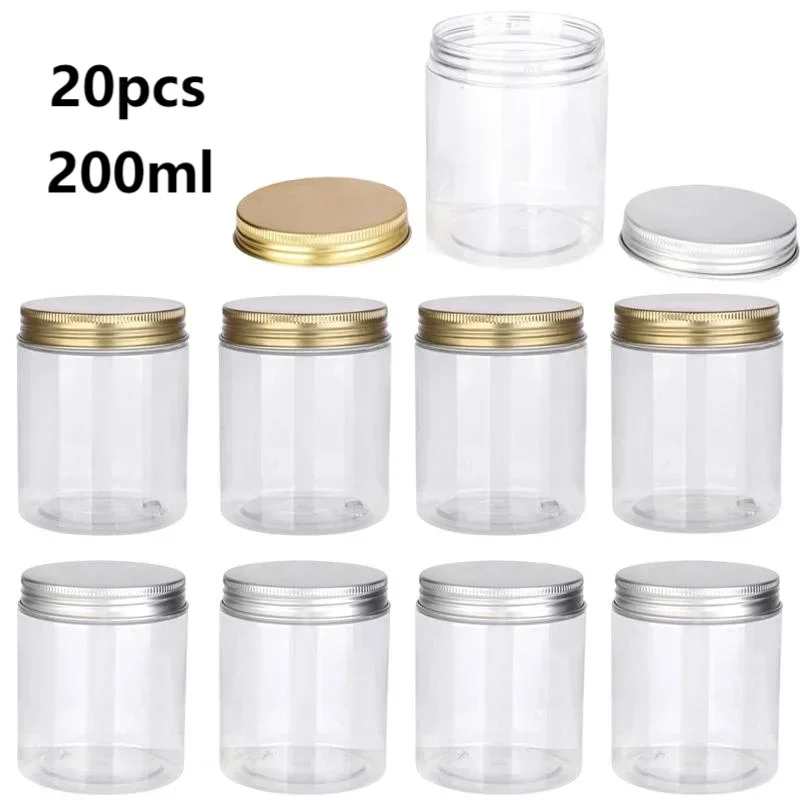 Pots vides en plastique de 200ml, 20 pièces, pot transparent pour animaux de compagnie, récipient cosmétique pour crème pour le visage, pot de stockage de grains de bonbons, fournitures de cuisine à domicile