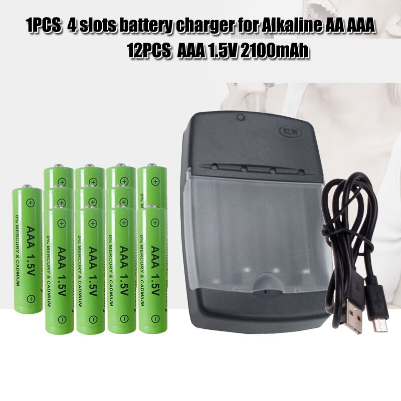 AAA 1.5V Alkaline Rechargeable battery 2100mah + super quick 4 cheenl AA/AAA charger can charge alkaline battery: 12 AAA 1PCS charge