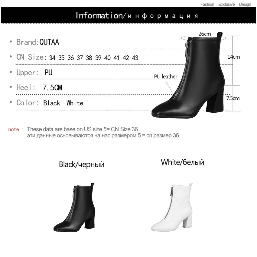 Qutaa Vrouwen Enkellaarsjes Vierkante Hoge Hak Winter Laarzen Mode Vrouwen Schoenen Pu Leer Rits Casual Vrouwen Laarzen Maat 34-43