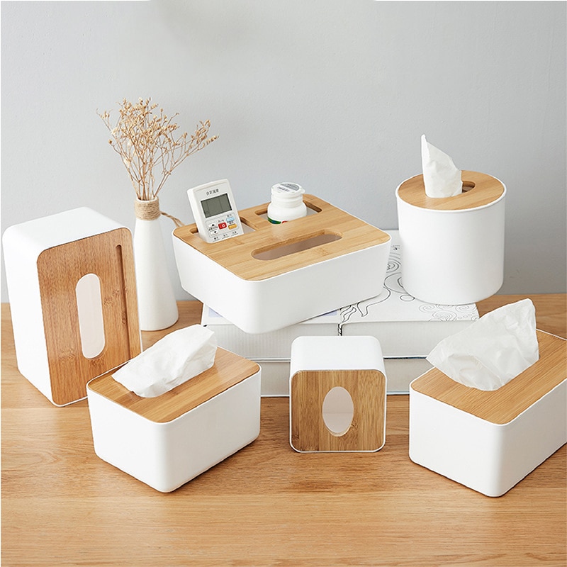 Plastic Tissue Doos Hout Bamboe Tissue Box Cover Ronde Witte Auto Tissue Houder Doos Voor Keuken Badkamer Wc Servet Container