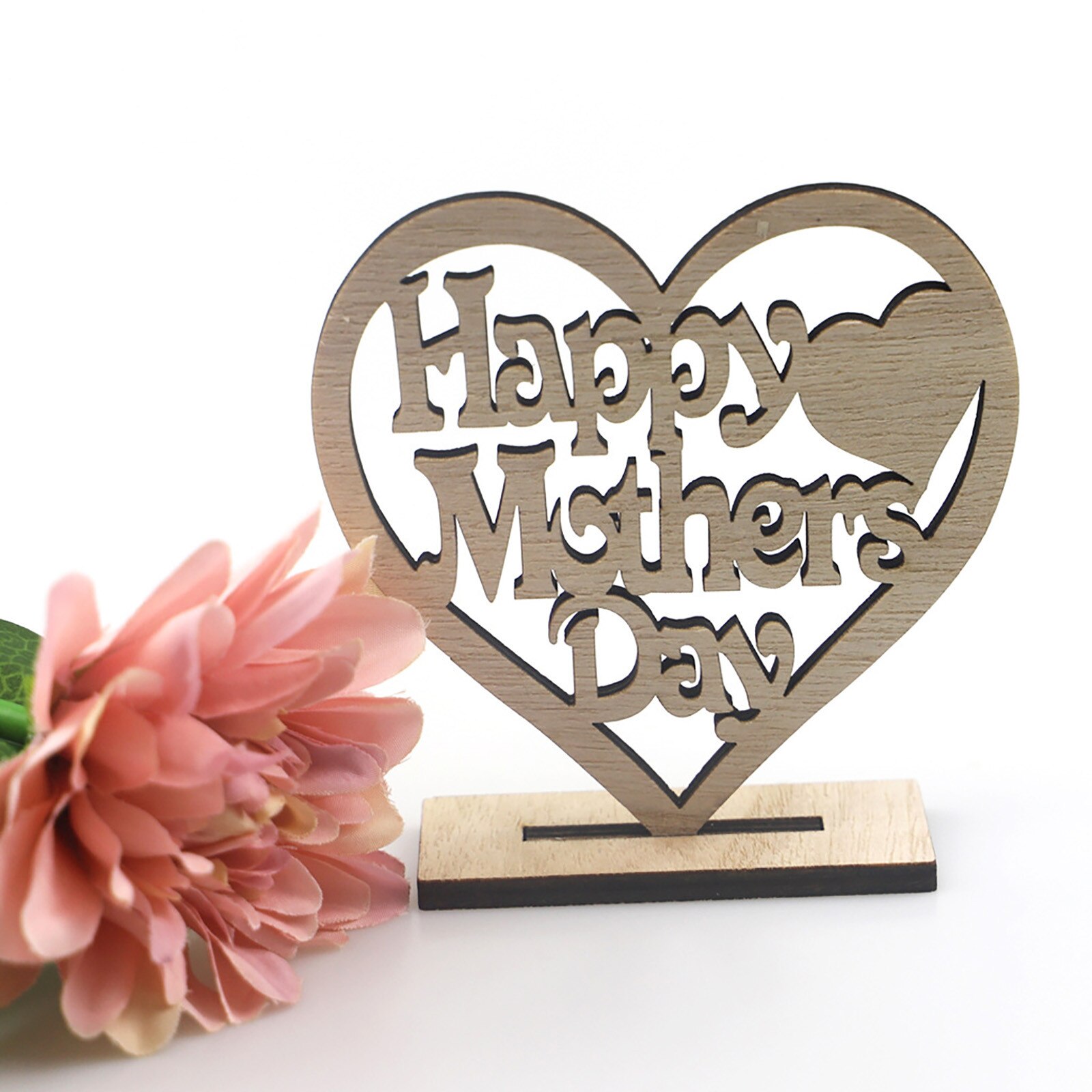 Mother's Day Wooden Heart-Shaped Happy Mothers Day Best Mum Hollow Ornament Woodblock Craft Birthday