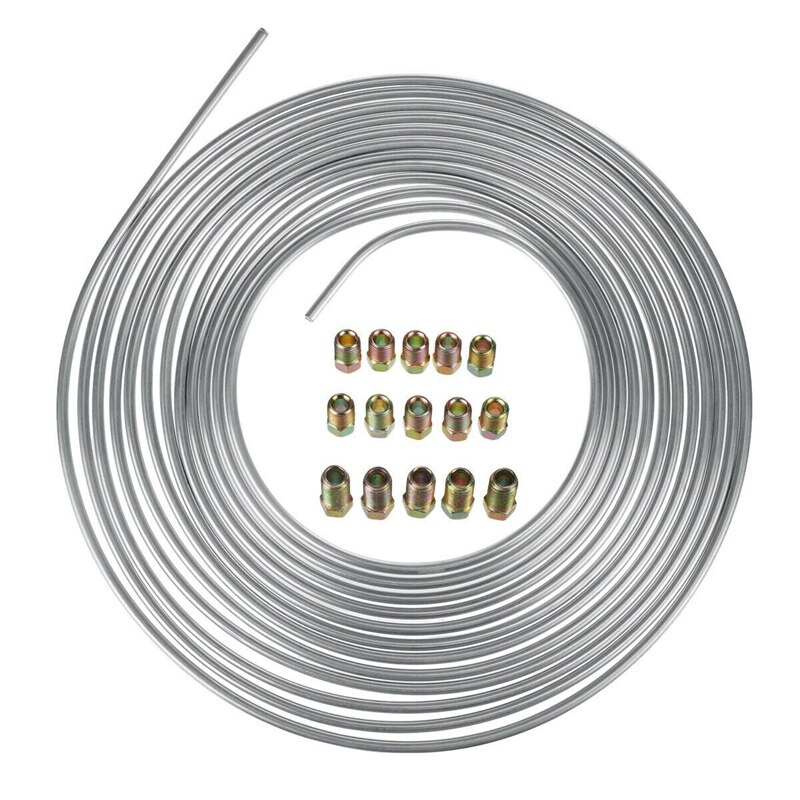 Zinc Steel Brake Line 25 Foot Tubing Kit 1/4 OD Coil Roll &amp; 15Pcs Tube Fittings