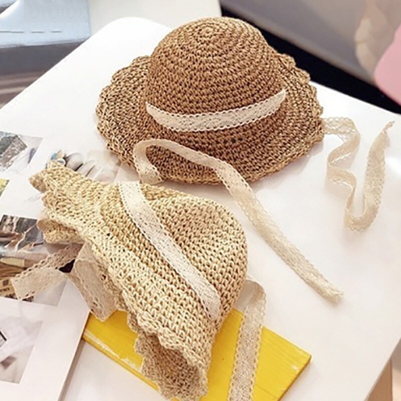 Barns stråhatt bredbremmet lue håndlaget blonder sammenleggbar strandhatt dame sommerhatt baby chapeau femme foreldre-barn lue beig