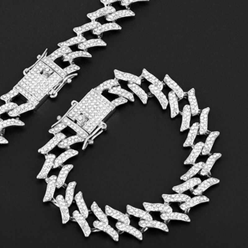 Iced Out Cubaanse Ketting Armband Hip Hop Sieraden Gouden Ketting Silver Rhinestone Cz Sluiting Voor Mens Rapper Bedelarmband Vrouwen links: SILVER4