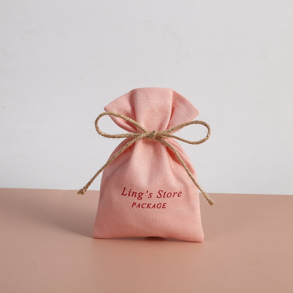 50pcs Drawstring Cotton Burlap Bucket Jewelry Bag Pouch Fit For Wedding Candy Small Pouch Eyelashes Makeup Jewelry Sachet: Pink With Logo / 15cmx20cm
