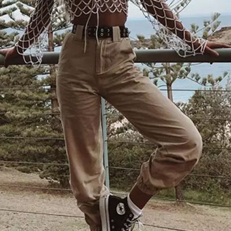 Brand Women's Patchwork Cargo Trousers Pants Solid Punk Sporty Style Loose Long Sports Baseball Pants With Chain: L / Khaki