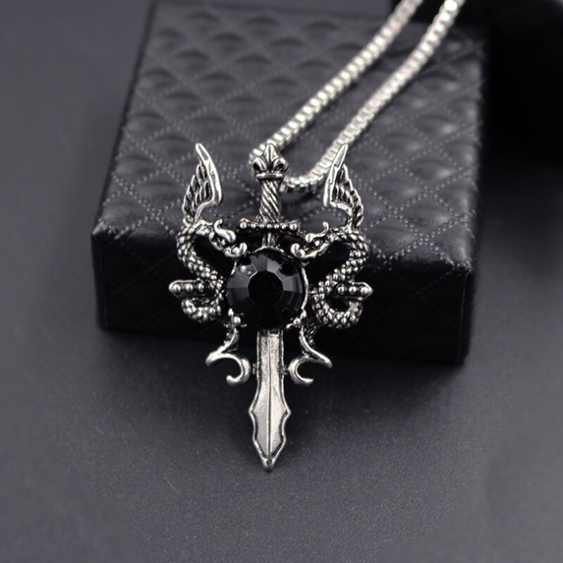 Cool Domineering Double Dragon Sword Pendant Necklaces for Men Punk Best Jewelry