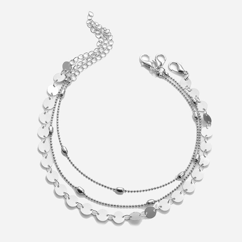 Summer Beach Multi-Layered Sequin Bead Chain 3-Piece Set Anklet Charms Leg Bracelets For Women Jewelry Accessories: Silver